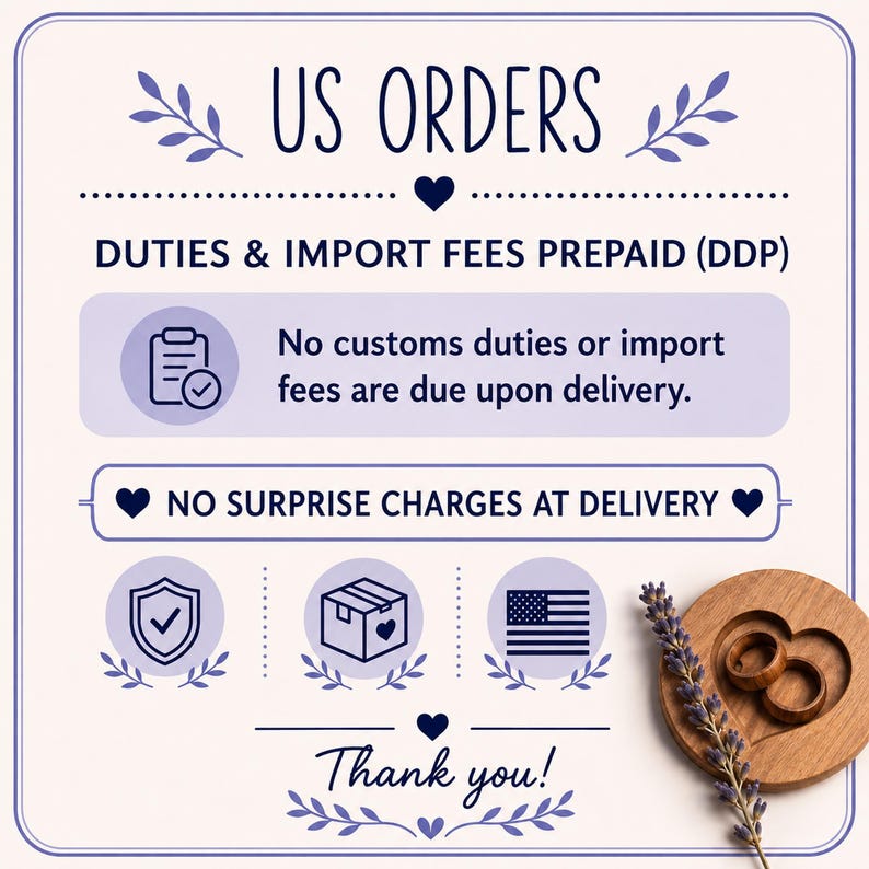 The image is a graphic with text and icons related to US orders, including duties and import fees, no customs duties or import fees, no surprise charges at delivery, and a thank you message.