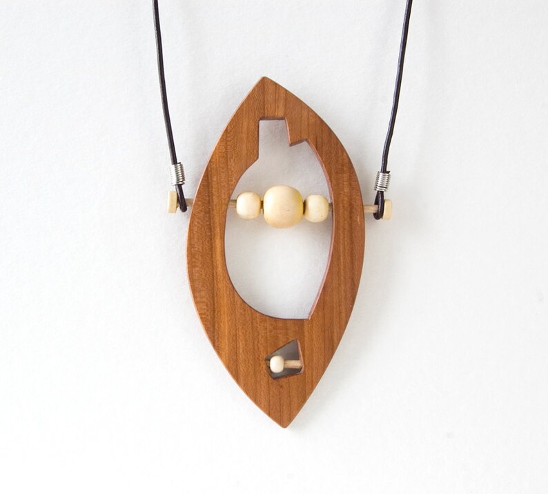 Geometric wood necklace, Leaf wooden pendant, Wood necklace woman, 40th birthday gifts for women, Minimalist natural wood jewelry, 5th gift image 2