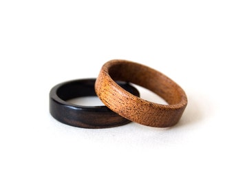 Wood wedding ring set, Promise rings for couples, His and Her ring, Ebony and mahogany rings, 5 year anniversary gift, Wood ring engraved