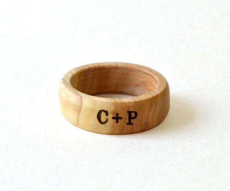 Olive wood ring, Minimalist ring set, Wedding ring set his and her, Wooden ring, Custom engraved ring, Couple rings matching, his her ring image 3