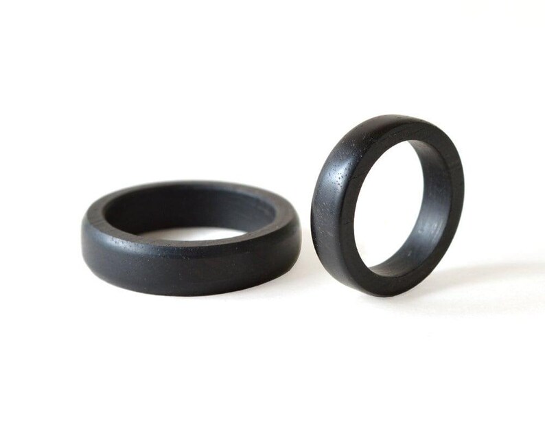 Ebony Rings set, Black His And Hers Rings, Engraved Wood Ring, Wood Wedding Ring Set, Simple Wedding Band Set, 5th Wedding Anniversary Gift image 4