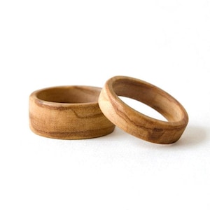 Olive wood ring, Minimalist ring set, Wedding ring set his and her, Wooden ring, Custom engraved ring, Couple rings matching, his her ring image 1