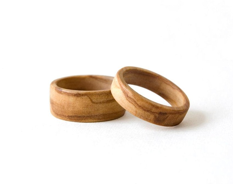 Olive wood ring, Minimalist ring set, Wedding ring set his and her, Wooden ring, Custom engraved ring, Couple rings matching, his her ring image 1