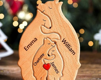 Personalized Wooden Bear Puzzle with 1-8 Family Name, We are One, Custom Family Name Sculpture, Ideal Gift for Mother's Day, Father’s Day
