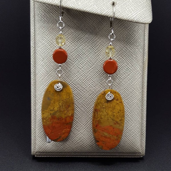 Fire Sparks -925 Sterling Silver -Flame Jasper-Red Jasper-Swarovski Crystals -Lever Back Earrings -By Carbon Arc Adornments