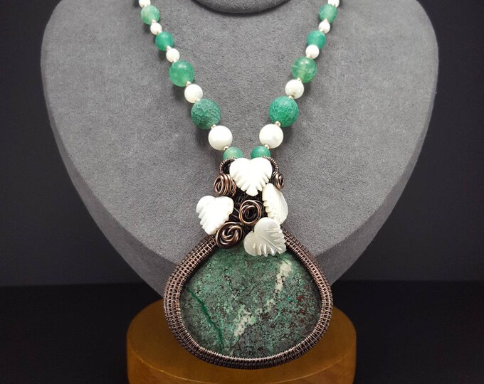 Antiqued Pure Copper Necklace With Antiqued Pure Copper Wire Woven Chrysocolla Stone Pendant 19 Mother Of Pearl Shell... Art Nouveau No