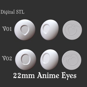 May include: Six 22mm white plastic anime eyes, three with a heart-shaped pupil and three with a round pupil. The eyes are designed for 3D printing.