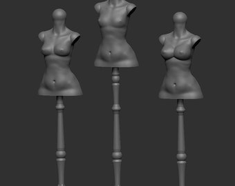 May include: A digital file showing three gray 3D models of female torso mannequins on stands. Each mannequin features a smooth, armless upper body with a defined waist and bust, mounted on a central pole with a flat, hexagonal base. The text Digital File is visible.