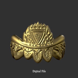 May include: A gold ring with a detailed design featuring a stylized snake and a crown. The ring is made of a smooth, shiny metal and has a textured, ornate design.