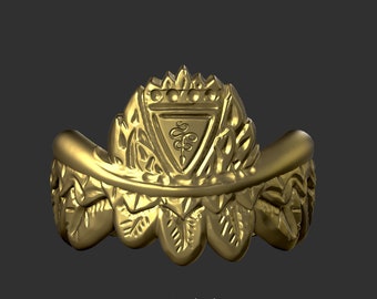 May include: A gold ring with a detailed design featuring a stylized snake and a crown. The ring is made of a smooth, shiny metal and has a textured, ornate design.