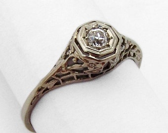 Edwardian Solitaire Diamond Ring 18K White Gold
