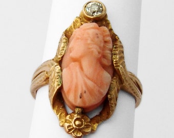 Natural Pink Coral Cameo Ring 10K Rose Gold Diamond Accent