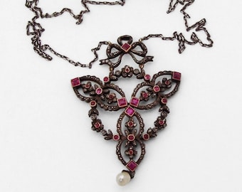 Art Nouveau Diamond Ruby Lavaliere Necklace 18K Gold