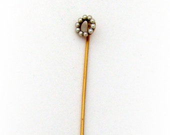 Seed Pearl Circle Stick Pin 14 K Yellow Gold