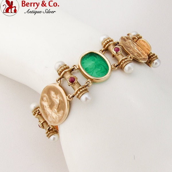 Ancient Roman Style Bracelet 14 K Gold Glass Intaglios Gemstones