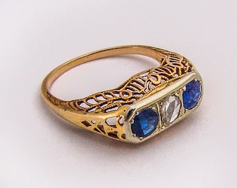 Edwardian Sapphire Diamond Ring Filigree Design 14 K Yellow Gold