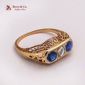 Edwardian Sapphire Diamond Ring Filigree Design 14 K Yellow Gold