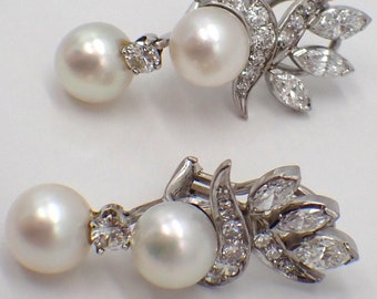 Diamond Pearl Clip On Earrings 14K White Gold 2 ct Diamond Weight