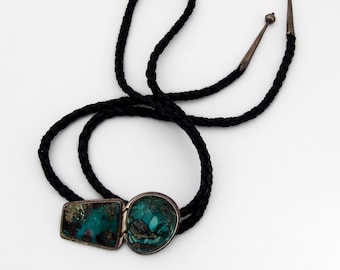 Double Stone Turquoise Bolo Tie Sterling Silver Leather