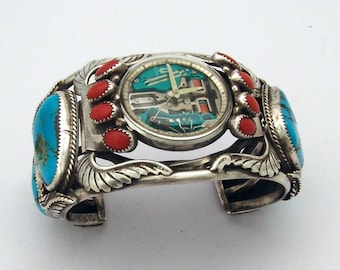 Southwestern Cuff Bracelet Bulova Accutron Watch Gemstones Sterling Silver