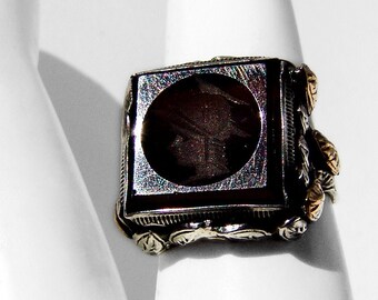 Vintage old tribal sterling silver carved carnelian ring intaglio handmade