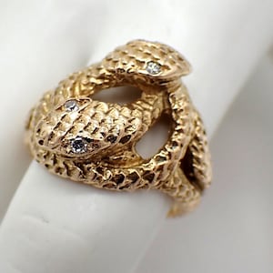 Double Serpent Snake Ring Diamond Eyes 14K Yellow Gold