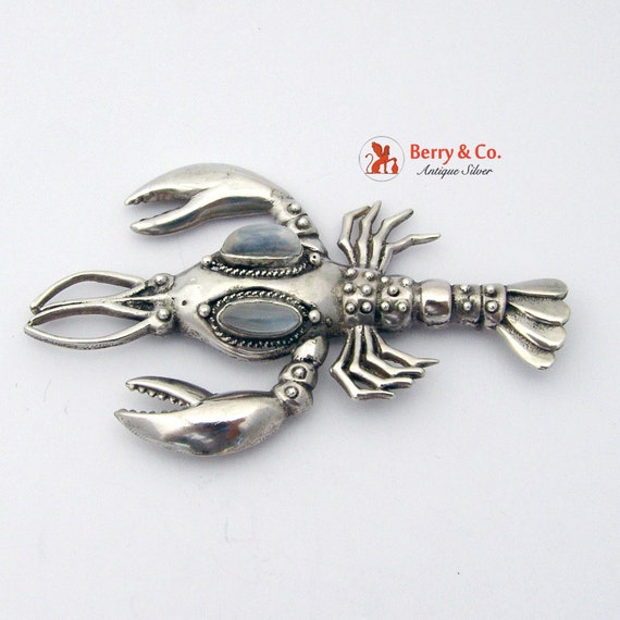 Vintage Lobster Brooch Sterling Silver Moonstones - image 2