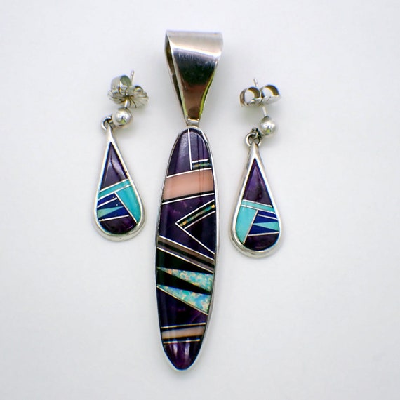 Multi Stone Inlay Pendant Dangle Earrings Set Sterling Silver
