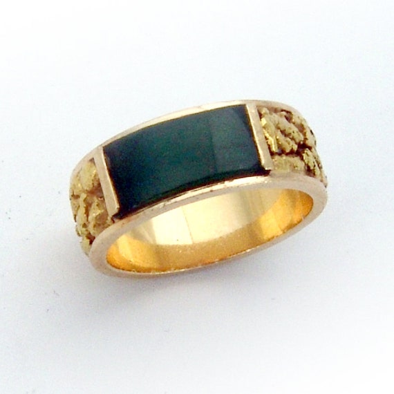 Green Nephrite Mans Band Ring Gold Nuggets 14K Gol