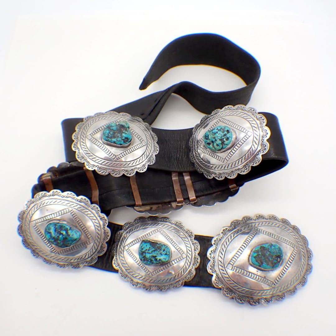 Navajo Concho Belt Sterling Silver Turquoise Leather Freddie  display picture 3
