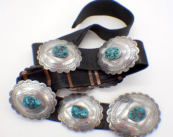 Navajo Concho Belt Sterling Silver Turquoise Leather Freddie Ramone 1976