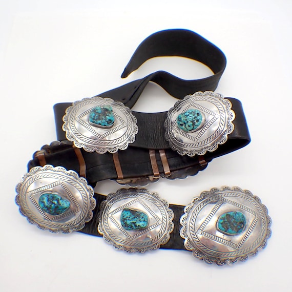 Extremely Rare Vintage Native American Navajo 10kt Gold & Sterling Silver Turquosie Concho Belt Extremely Rare Vintage Native American Navajo 10kt Gold & Sterling Silver Turquosie Concho Belt