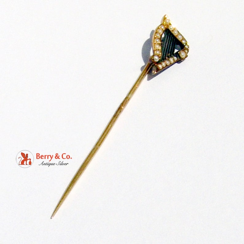 Antique Victorian Seed Pearl 14K Yellow Gold Harp Decorated Gentlemans Stick Pin