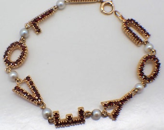 I LOVE YOU Bracelet Garnets Pearls 14K Gold