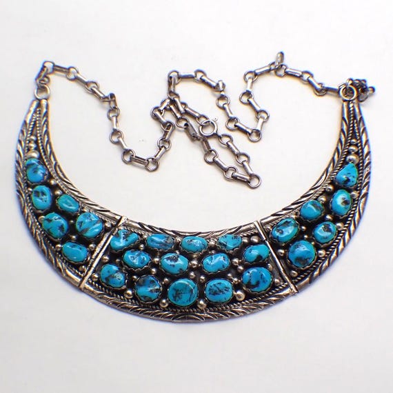 Turquoise Bib Necklace Navajo Bobby Johnson Sterling Silver