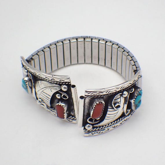 Navajo Watch Tips Turquoise Coral Larry Bill Tom Sterling  display picture 3