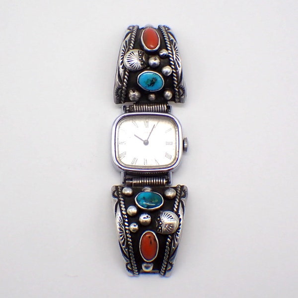 Bouts de montre Navajo en argent sterling turquoise et corail