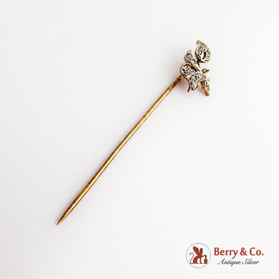 Art Nouveau Floral Diamond Stick Pin 14K Gold 1900 - image 1