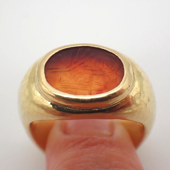 Carnelian Intaglio Ring 18K Yellow Gold Hammered … - image 2