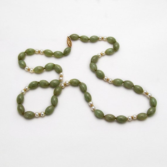 Pale Green Jadeite Jade Necklace Cultured Pearls … - image 3