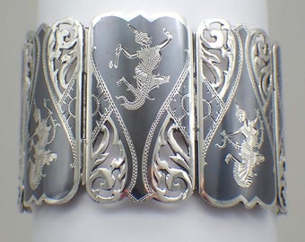Siam Dancer Panel Bracelet Niello Sterling Silver Thailand