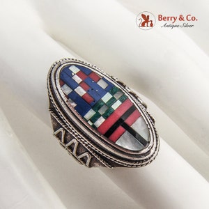 Multistone Inlay Mosaic Long Ring Applied Accents Sterling Silver