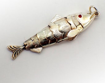 Fish Charm Pendant 14K Gold Red Enamel Eye