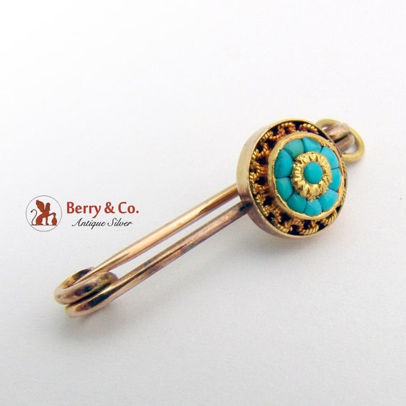 Victorian Pin Brooch 10 K Gold Turquoise - image 1