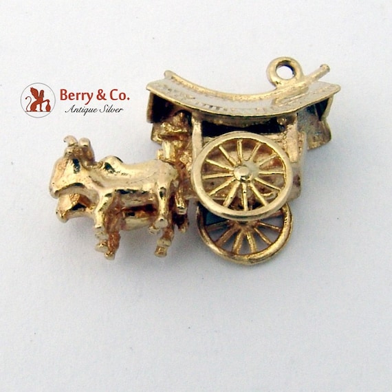 Vintage English Ox Cart Charm 9K Gold 1940 - image 2