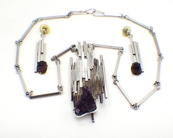 Aaron Rubinstein Set aus Halskette und Ohrringen aus Sterlingsilber mit Amethyst Druzy