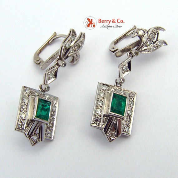 Art Deco Natural Emerald Earrings Diamonds 14 K W… - image 2