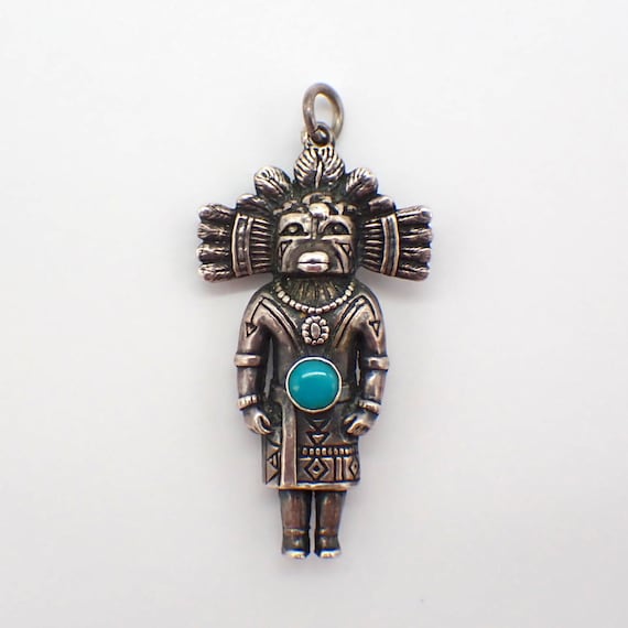 Tribal Kachina Doll Pendant Sterling Silver Turqu… - image 1