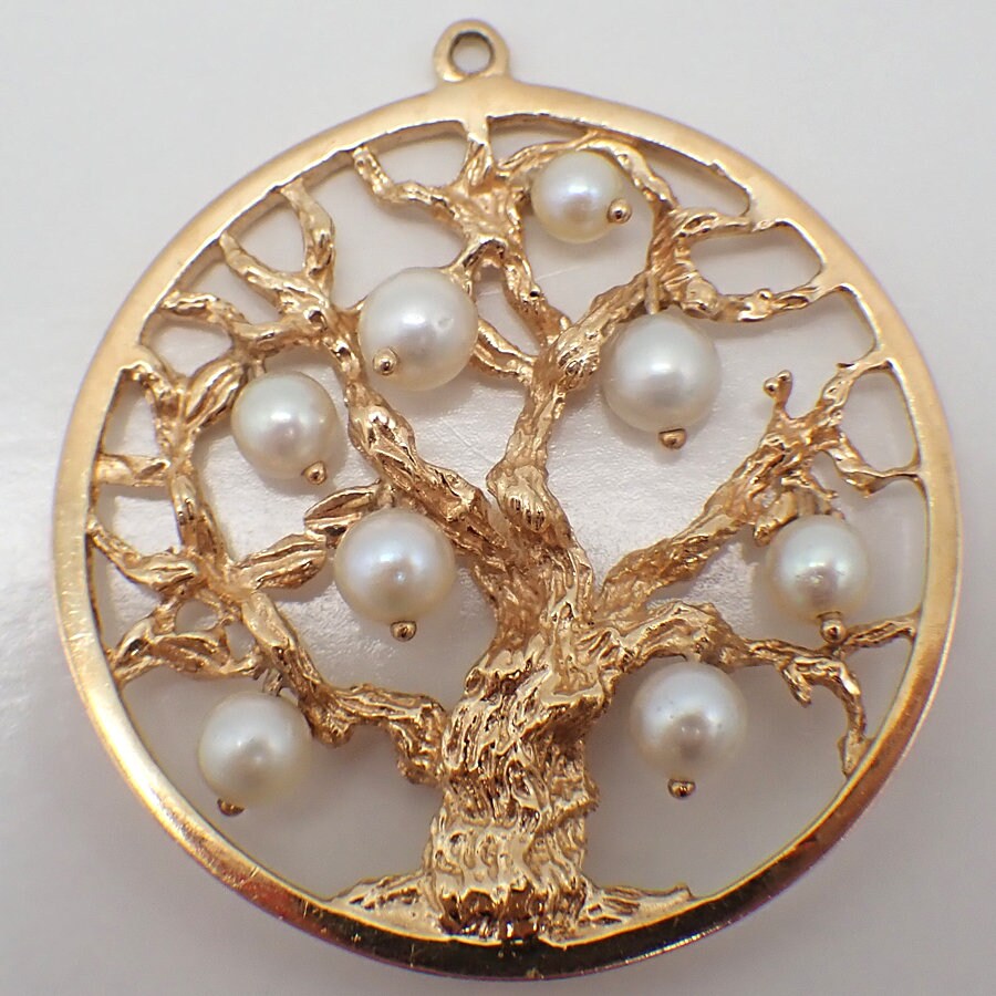 Tree of Life Large Charm Pendant Pearls 14K Gold