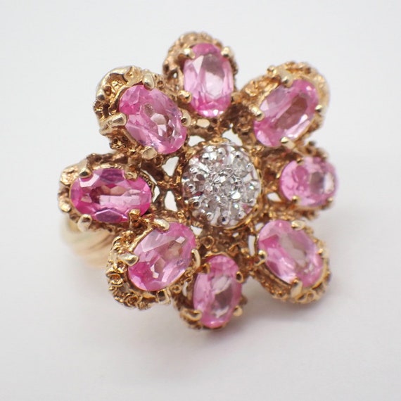 Pink Sapphire Diamond Cocktail Ring 14K Yellow Go… - image 3